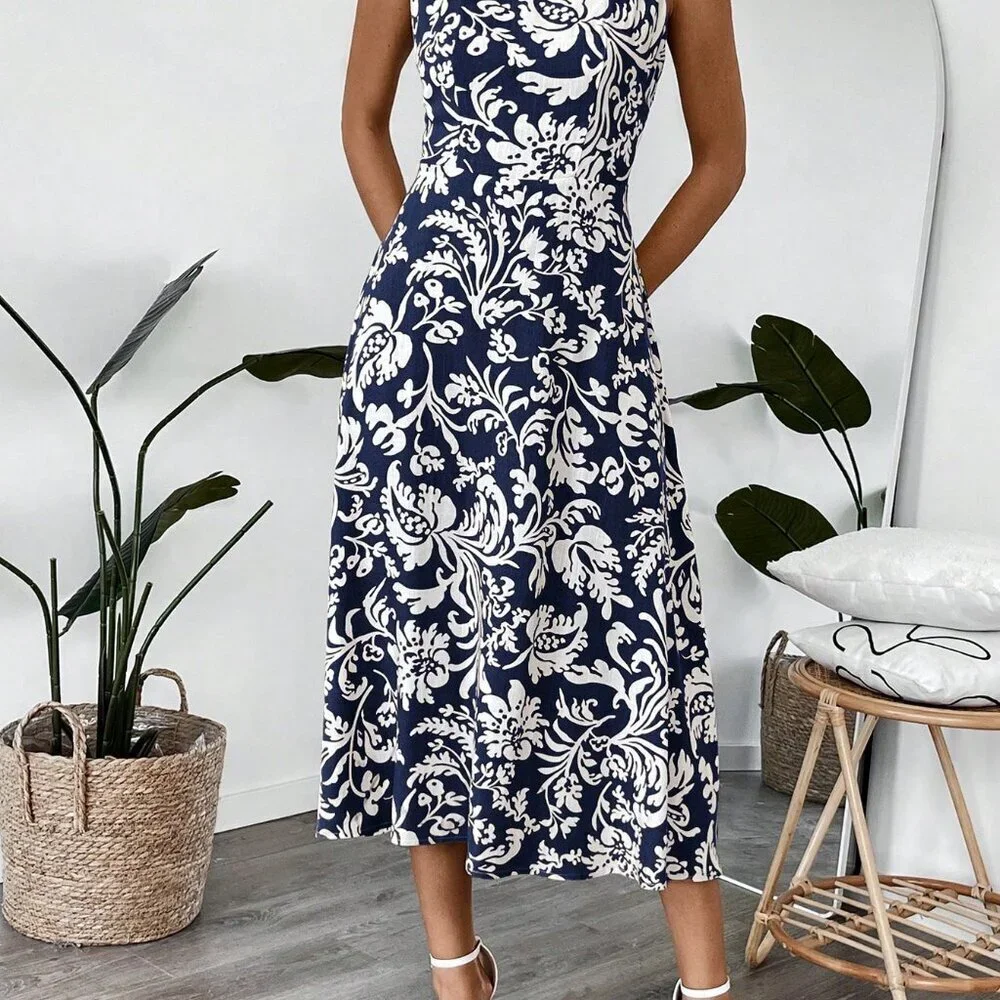 Blue Boho Women's Floral Square Neck Sleeveless Midi Dress